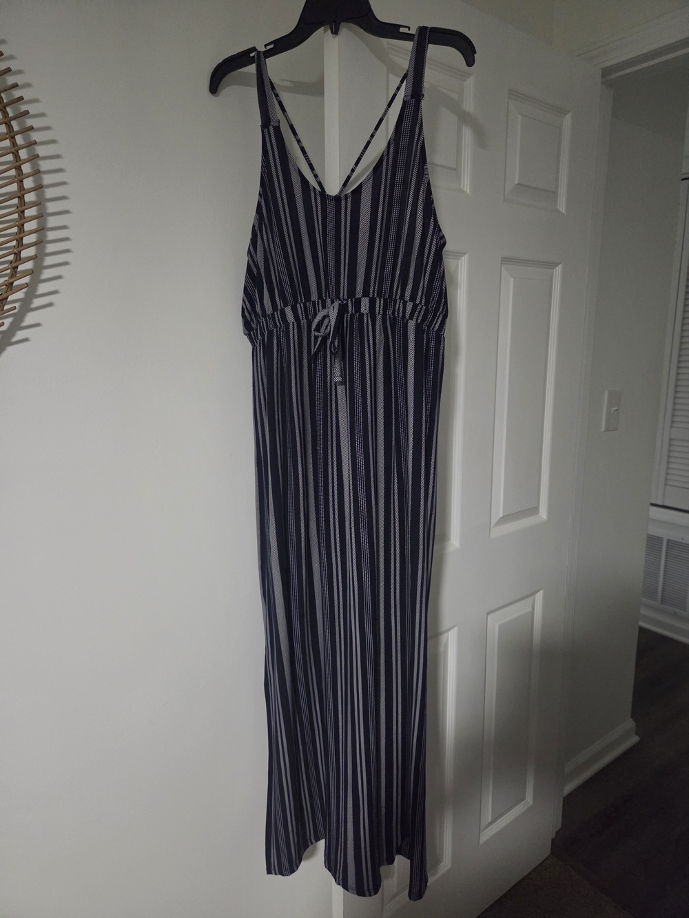 Derek Heart Maternity Navy and White Striped Maxi Dress with Tie Waist